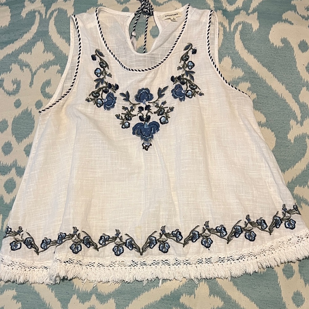 White Sleeveless Top with Blue Floral Embroidery